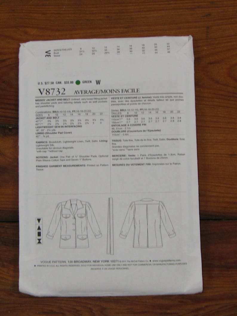 Vogue pattern Claire Shaeffer/'s Custom Couture V8732 belted jacket UNCUT