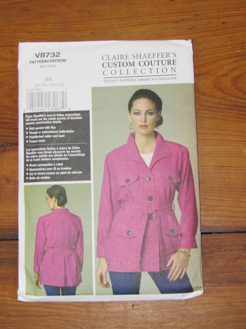 Vogue pattern Claire Shaeffer/'s Custom Couture V8732 belted jacket UNCUT