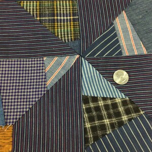 May include: A patchwork quilt block featuring a starburst design. The block is made from a variety of blue, white and black striped fabrics, as well as a plaid fabric and a gingham fabric. A silver coin is positioned in the centre of the block.