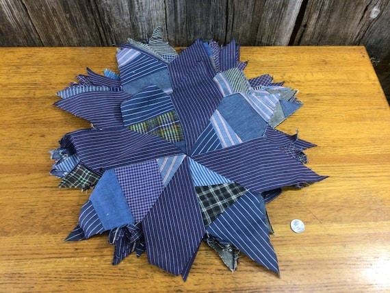 23 large vintage quilt stars blue stripe plaid shirting