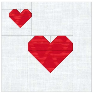 May include: A geometric design featuring two red hearts on a white background. The hearts are constructed from rectangular shapes, with one heart larger than the other. The background has a subtle textured pattern.