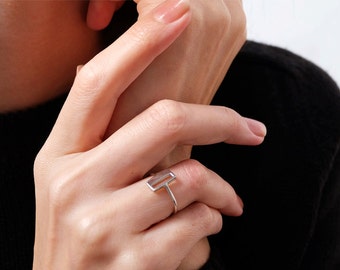 halve vierkante ring, geometrische sieraden, geometrische ring, zilveren vierkante ring, eenvoudige ring, open vierkante ring, minimalistische ring, minimale sieraden