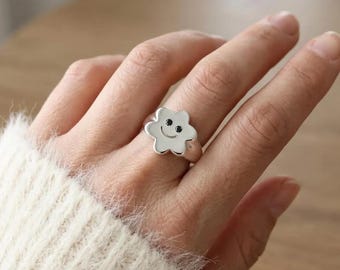 DIAMANT SMILEY RING, 925 Sterling Silber Smiley Blumen Ring mit schwarzen Diamant, niedlicher Minimalist Gänseblümchen Ring, glückliches Gesicht Schmuck Geschenk für Sie
