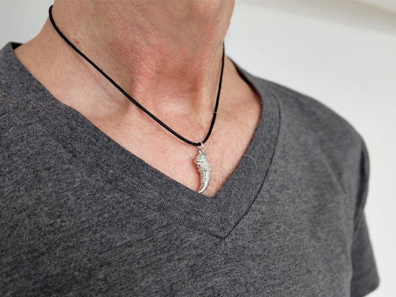 Claw necklace for men silver plated claw pendant mens jewelry gift for him mens alligator tooth necklace with a black wax cord