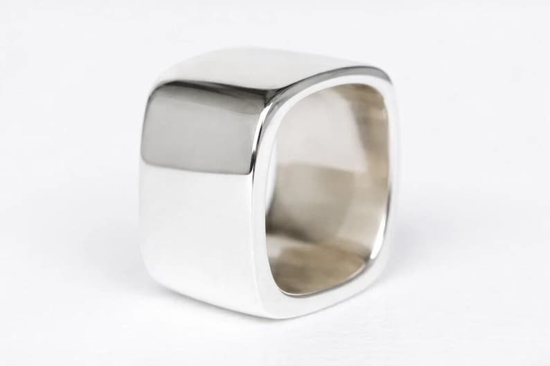 VIERKANTE SOLID RING, vierkante massief zilveren ring, zilveren unisex ring, statementring, zware ring, geometrische ring, rechthoekige ring, vierkante ring afbeelding 2