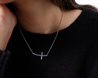 sideway cross necklace, sideway cross, cross necklace, silver cross, silver necklace, religious jewelry, cross pendant, cross jewelry, cross