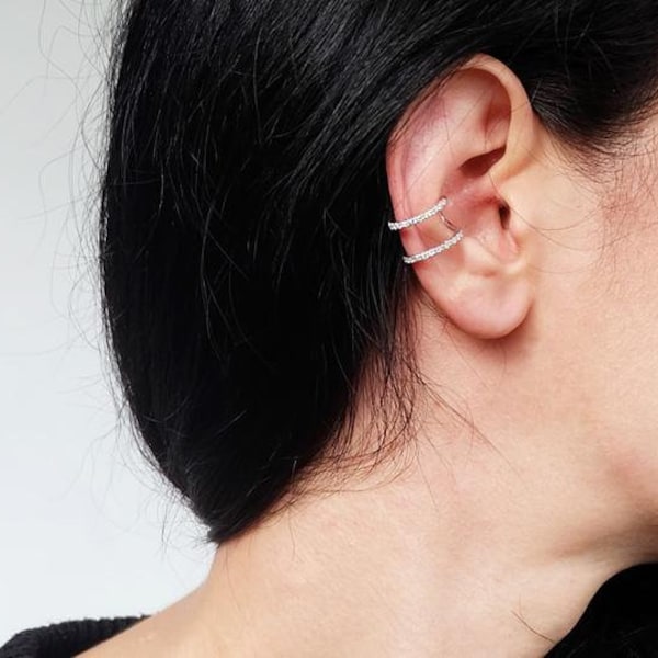 cz double line ear cuffs, ear cuff, ear cuff no piercing, ear cuff silver, cuff ear, minimal ear cuff, minimal earrings, silver ear cuff