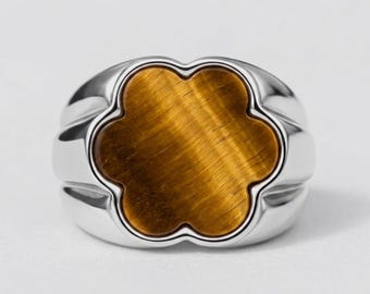 Tigerauge Klee Ring, Tigerauge Klee Siegelring, Minimalist Statement Ring, Gold Braun Edelstein Ring, Unisex Schmuck Geschenk für Sie Ihn