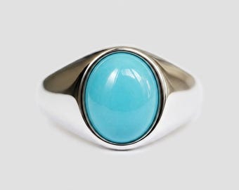 Türkis Ring, 925 Sterling Silber Siegelring, Oval Blauer Edelstein Ring, Männer Frauen Boho Statement Schmuck Minimalist Pinky Ring Geschenk