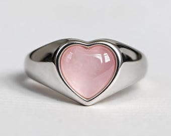 ROSE QUARTZ RING, Heart Ring 925 Sterling Silver, Pink Gemstone Bezel Signet Ring, Chunky Love Statement Band, Dainty Gift for Her