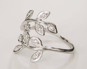 cz leaf ring, flower ring, nature ring, wrap ring, adjustable ring, silver leaf ring, women leaf ring, floral ring, floral, minimal ring