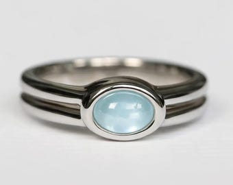 Aquamarinring Sterling Silber, Lünette Set Oval Aquamarinring, Minimalist Silberring, März Geburtsstein, stapelbarer Ring
