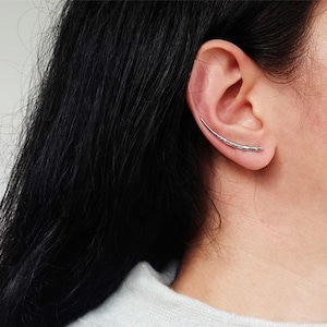 bar curved earrings, ear climber earrings, long ear climber, silver ear climber, ear crawler, bar earrings, silver bar earrings, climber ear