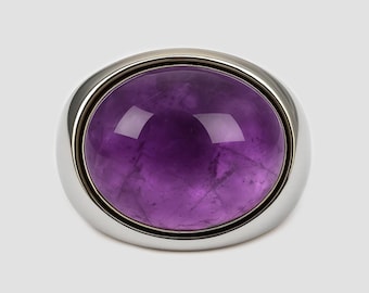 Amethyst Ring Sterling Silber, Ovaler Cabochon Ring, Lila Edelstein Ring Frauen, Statement Siegelring Geschenk für Februar Geburtsstein