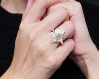 FESTER RING GINKGO, Ginkgoring, Ring Silber, Ginkgoring, Ginkgoschmuck, Ginkgoschmuck, Blumenring, Naturring, Ginkgoschmuck