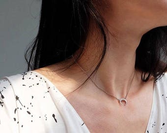 horn layered necklace, horn necklace, dainty horn choker necklace, silver horn necklace, crescent necklace, moon layering necklace, horn