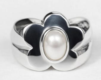 PEARL BLUMENRING, Blattring, weiße Perle Ring, Perlenring, Blume Perlenring, Blumenring, Juni Geburtsstein, solider Silberring, Silberring
