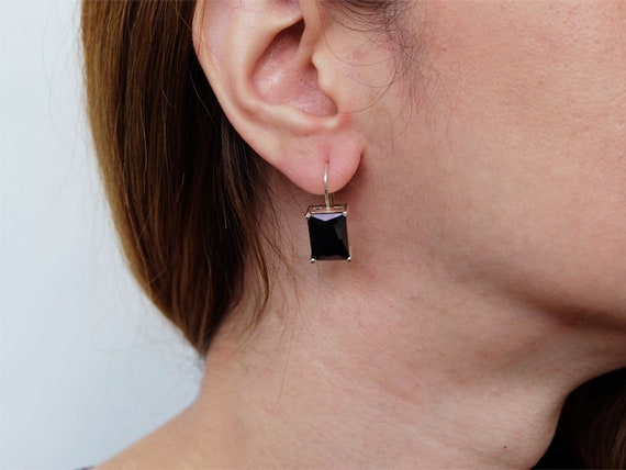 Baguette Earrings, Black Diamond Drop Earrings, Black Cz