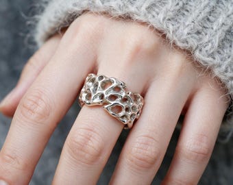 Sterling zilveren koraalring, organische brede bandring, statementring geïnspireerd op het rif, handgemaakte natuurlijke sieraden, cadeau voor een oceaanliefhebber voor haar