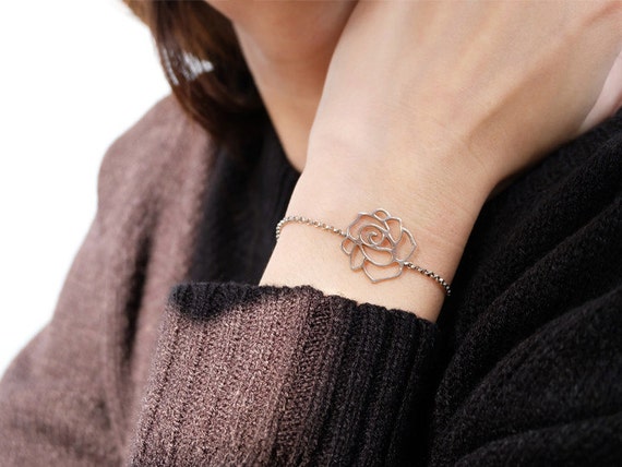 バラのブレスレット、花のブレスレット、シルバーのバラのブレスレット 