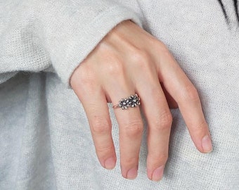 flower ring, three flower ring, sterling silver ring, silver ring, silver jewelry, silver flower ring, boho ring, boho jewelry, leaf ring