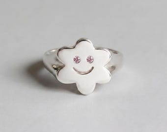 DIAMANT SMILEY RING, 925 Silber Smiley Blumenring mit rosa Diamant, Süßer Gänseblümchen Ring, Minimalistischer Statement Ring, Ästhetischer Schmuck Geschenk