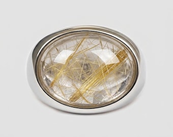 Ring met rutielkwarts, gouden rutielring, ovale ring met zilveren zetting, ring met natuurlijke kristallen edelsteen voor dames, opvallend statement sieraad cadeau