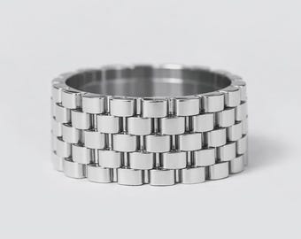 GEWEBTER LINK-RING, 925 Sterlingsilber-Band, Kettenstil Ring, breiter Silberring, Statement-Bandring, modernes minimalistisches Schmuckgeschenk