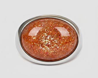 Glitterende zonnesteenring, ovale gouden zandsteenring, robuuste zilveren ring, opvallende edelsteenring voor vrouwen, hemels sieraad als cadeau