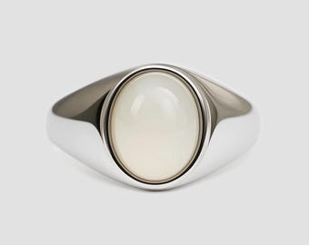 Weißer Mondstein Ring, Sterling Silber Oval Ring, 925 Silber Cabochon Ring, Unisex Siegelring, Minimalistischer Edelstein Ring, Geschenk für Sie Ihn