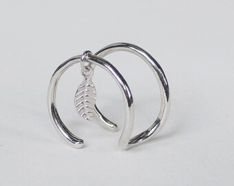 double line and leaf ear cuffs, silver earrings silver ear cuff, leaf earrings, leaf ear cuff, ear cuff, silver ear cuff, cartilage ear cuff