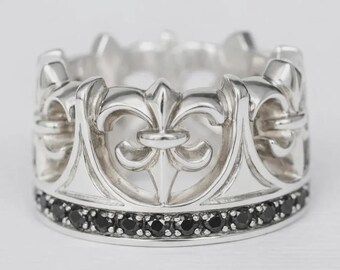 Fleur de Lis Silver Ring, Gothic Black CZ Band Ring, Sterling Silver Statement Ring, Medieval Style Ring, Men's Bold Ring, Unisex Jewelry