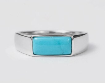Turkooizen zegelring, moderne rechthoekige turkooizen ring, zilveren zetting, minimalistische edelsteenring voor mannen en vrouwen, geometrisch sieraad, cadeau
