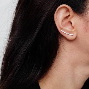 bar curved earrings, ear climber earrings, long ear climber, silver ear climber, ear crawler, bar earrings, silver bar earrings, climber ear