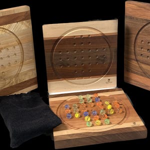 Handcrafted Wood Marble Solitaire Game with Checkers Board