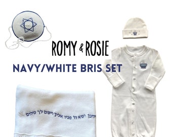 Navy and White 4 piece - Bris / Brit Milah Set - Blanket, Gown, Hat and Kippah