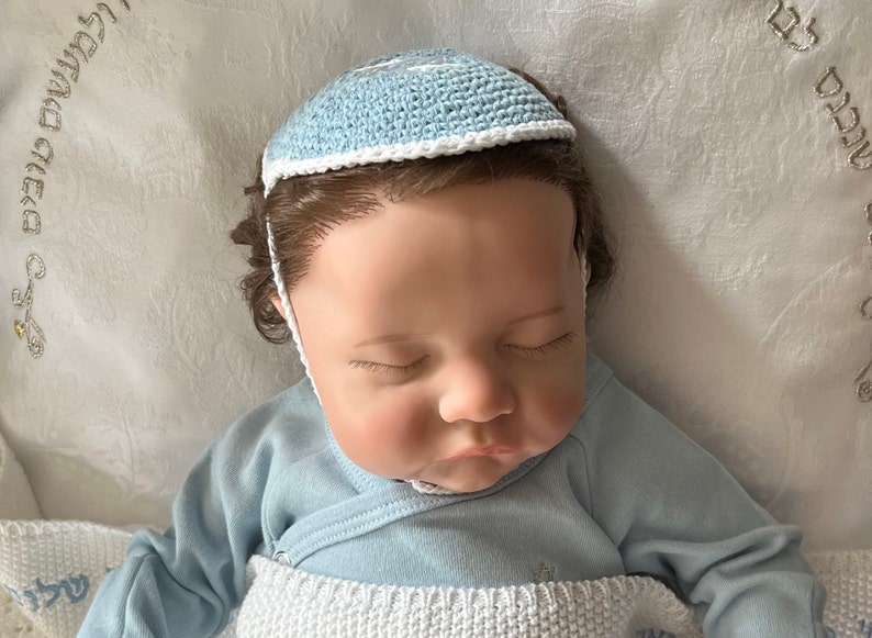 Cotton Crochet Baby Kippah Blue With Embroidered White Magen David With