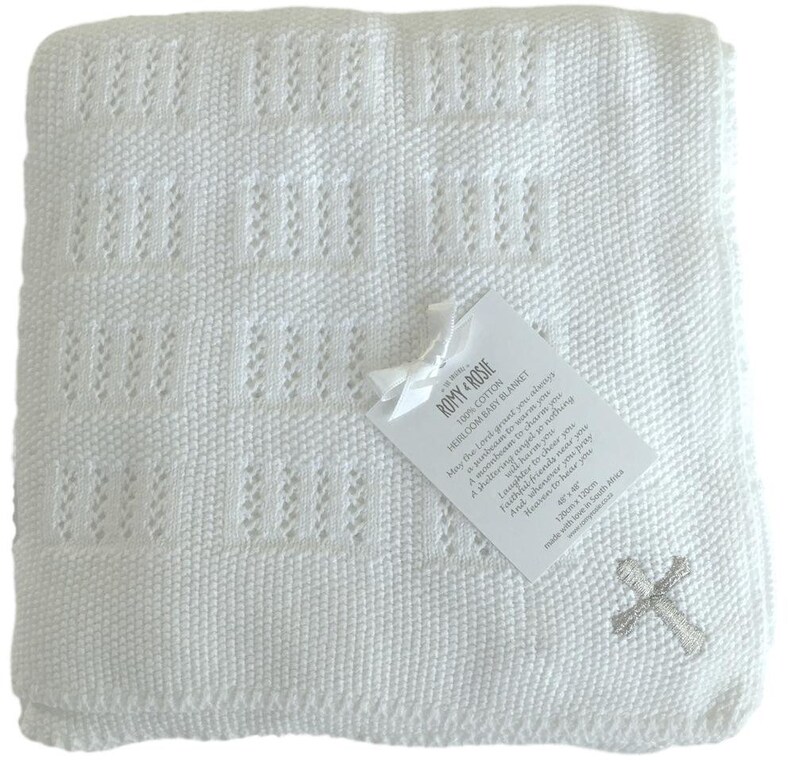 Cotton Heirloom Knit Baby Blanket With Silver Embroidered Etsy