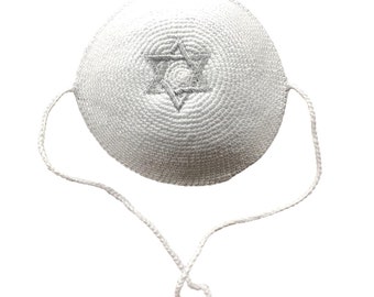 White Crochet Kippah with ties and Silver Magen David - Brit Milah