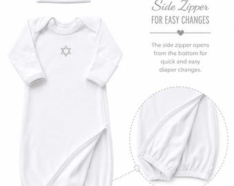 Brit Milah / Shalom Outfit - White Gown with Silver Magen David and Coordinating Hat