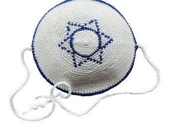 Crochet Cotton Kippah - Baby with Ties - White and Royal Blue - Israeli Style, Brit Milah, Brit Shalom, Baby naming