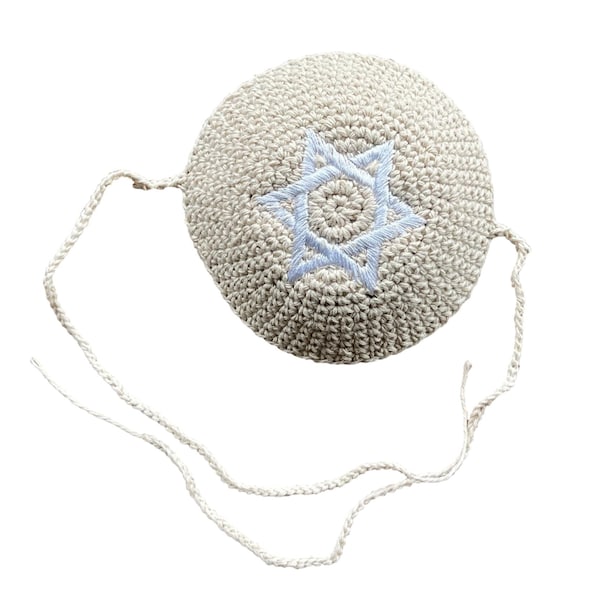 Natural Newborn Crochet Kippah with ties and White Magen David - Brit Milah