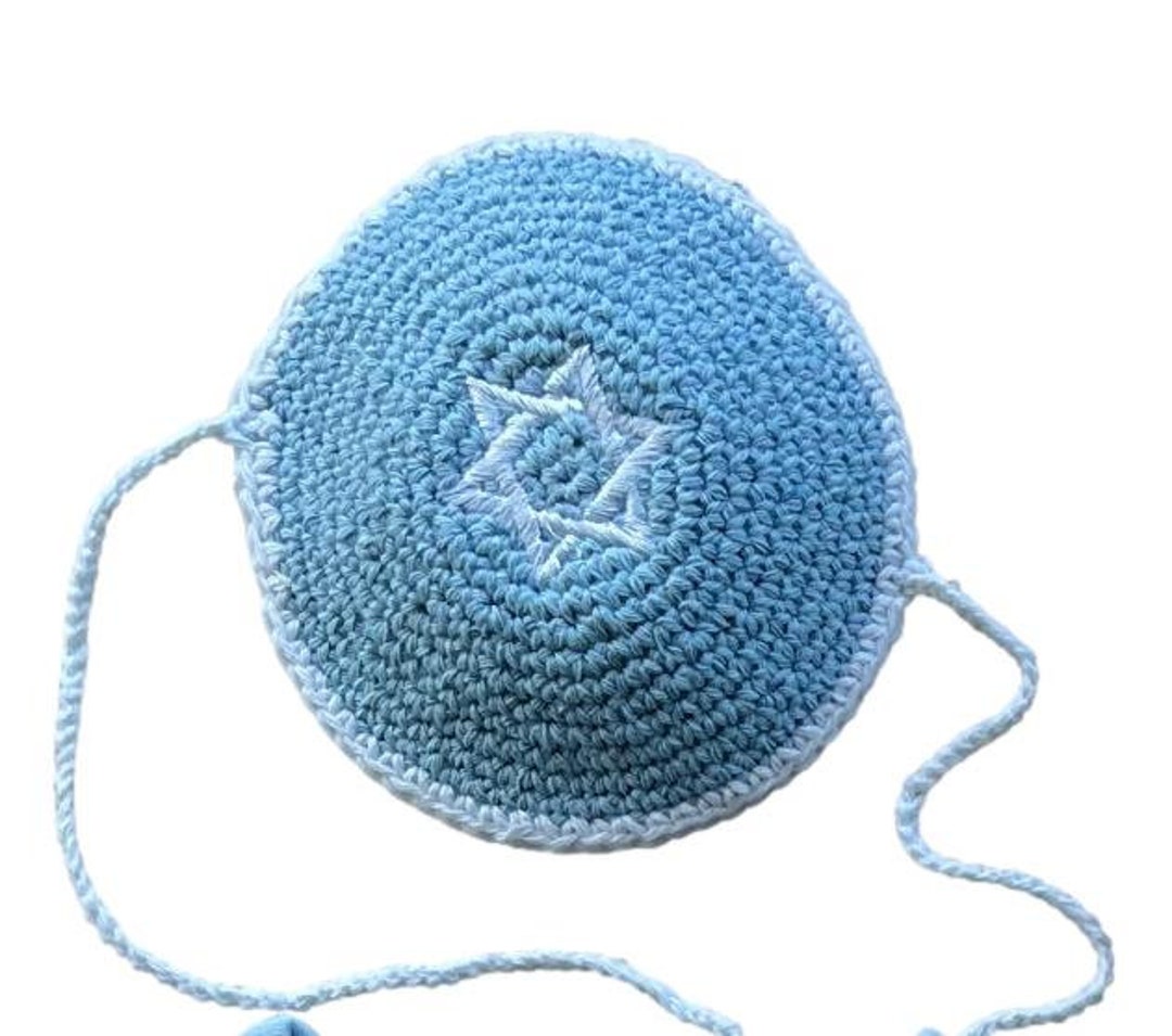 Cotton Crochet Baby Kippah Blue With Embroidered White Magen David With