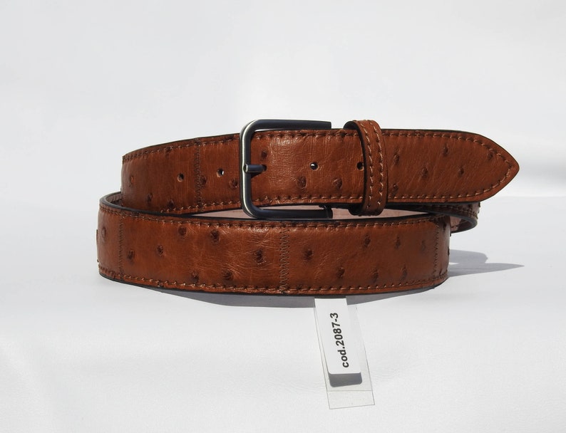 May include: A brown leather belt with an ostrich skin pattern and a silver buckle. The belt is rolled up and has a tag that says "cod.2087-3".
