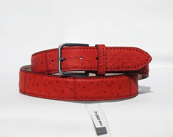 PATCHWORK OSTRICH - Men's patchwork belt in genuine ostrich leather. America silver brass buckle. Artisanal product. Made in Italy.