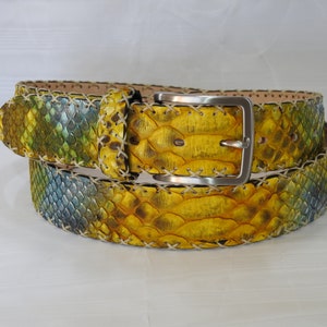 Könnte beinhalten: Ein gelber und blauer Schlangenledergürtel mit einer silbernen Schnalle und einem genähten Rand.