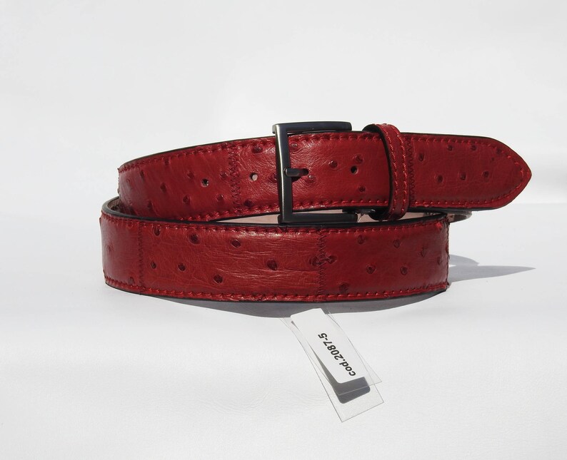 May include: A red leather belt with an ostrich skin pattern and a silver buckle. The belt is folded in half and the tag reads "Cod. 2087-S".