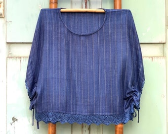 Natural Indigo-dyed Handwoven Top with Crochet Decor Edging – RB224