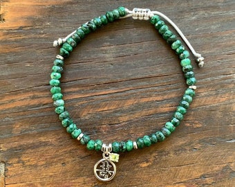 ZOISITE natural stone adjustable bracelet with Chinese character lucky charm SHÒU (longevity)