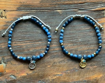 BLUE SAPPHIRE + blue agate natural stone adjustable bracelet with Chinese character lucky charm FÚ (happiness, blessing, good luck)